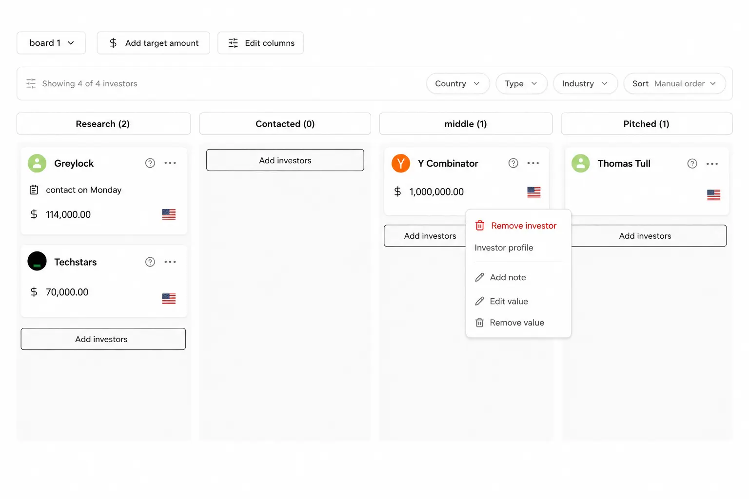 CRM-дошка Crino з колонками пайплайна інвесторів, картками, цільовими сумами, фільтрами та діями дошки.